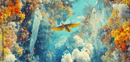 Fototapeta Naklejka Na Ścianę i Meble -  Vibrant coral reef with a lone fish swimming through the crystal clear water.