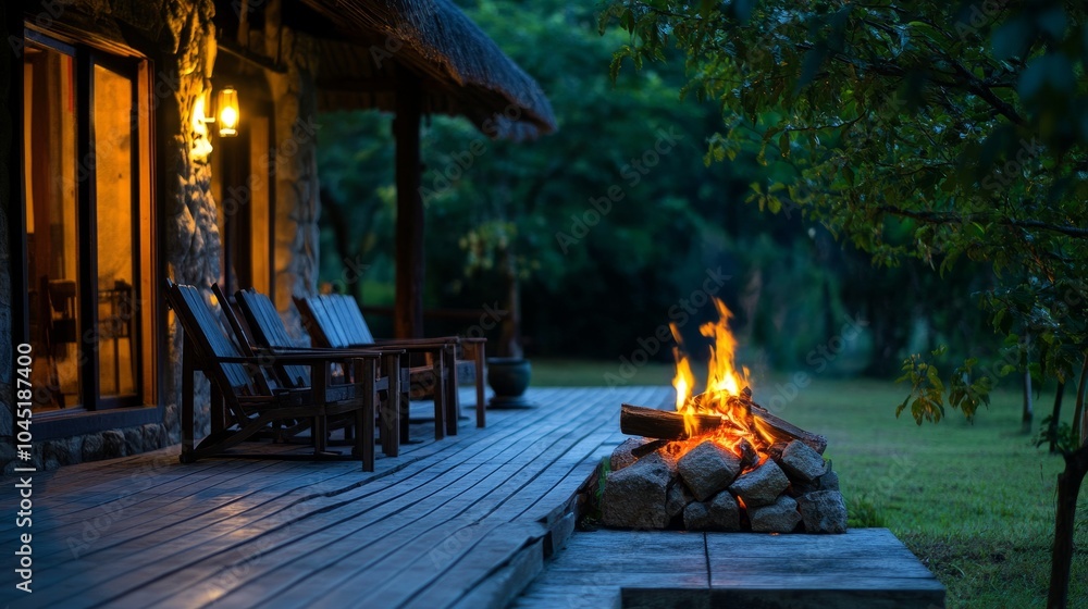 Fototapeta premium Fire flickering on a wooden veranda, with chairs arranged next to it, inviting relaxation in the garden setting.