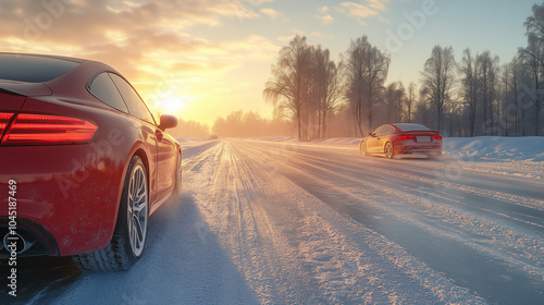 Winter race on a snowy road, featuring sleek cars speeding in a beautiful landscape