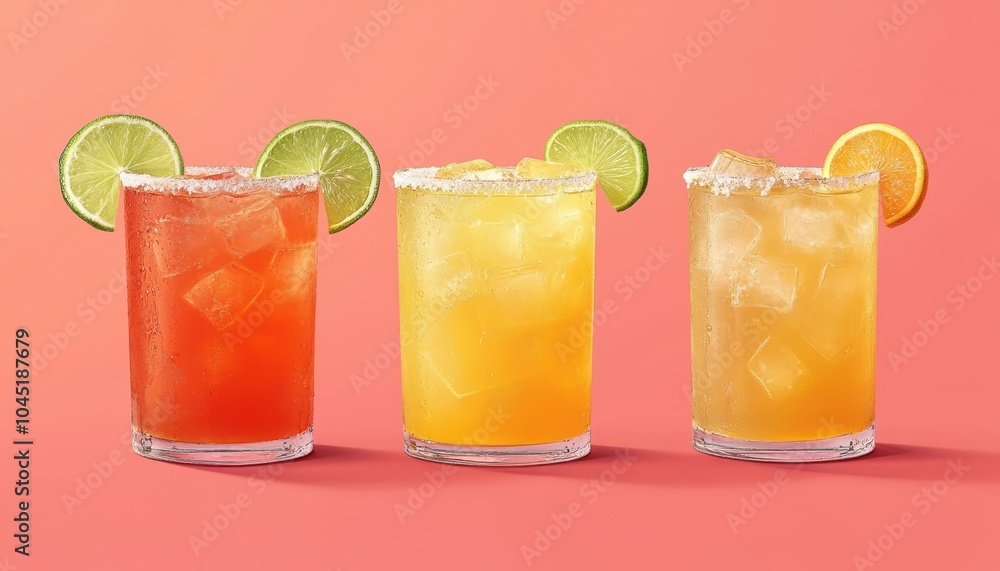 Colorful cocktails with citrus garnishes on a vibrant backdrop ready for celebration Colorful cocktails with citrus garnishes on a vibrant backdrop ready for celebration
