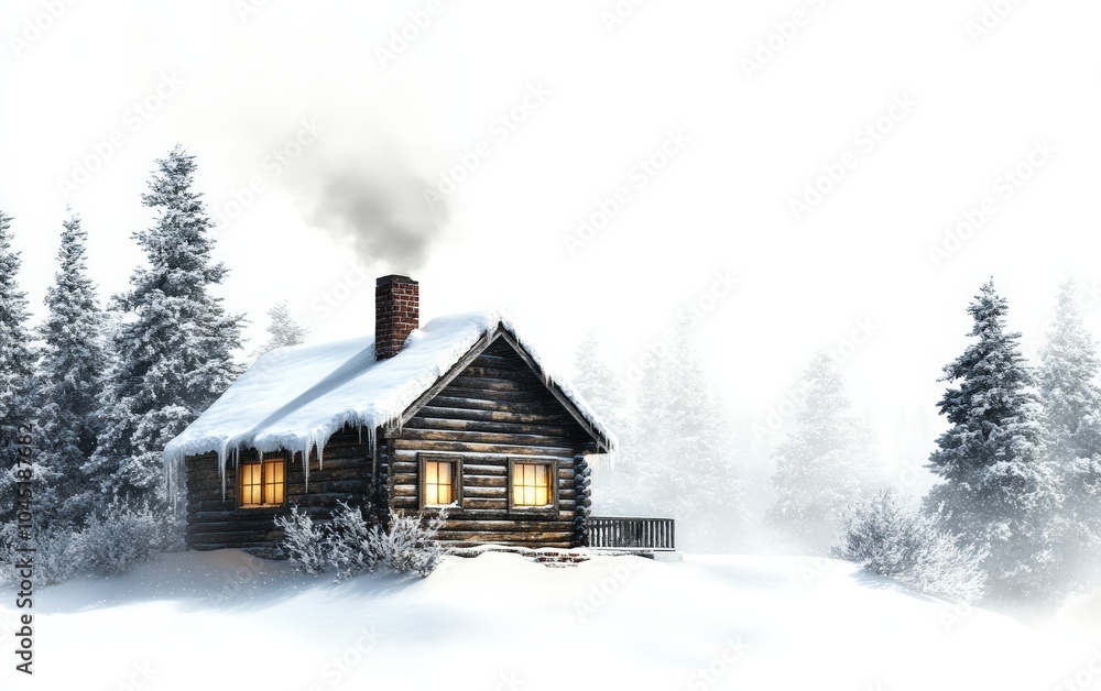 A snowy cabin in a peaceful winter forest, with smoke rising from the chimney and glowing windows. A snowy cabin in a peaceful winter forest, with smoke rising from the chimney and glowing windows.