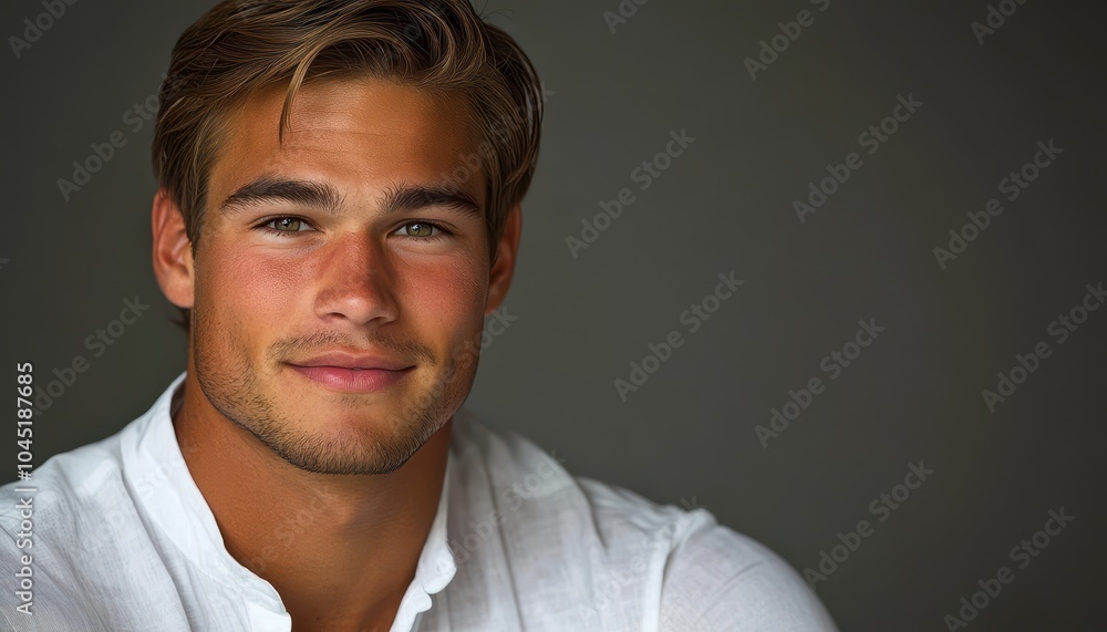 Obraz premium Handsome young man in white shirt looking confidently at the camera with a warm smile