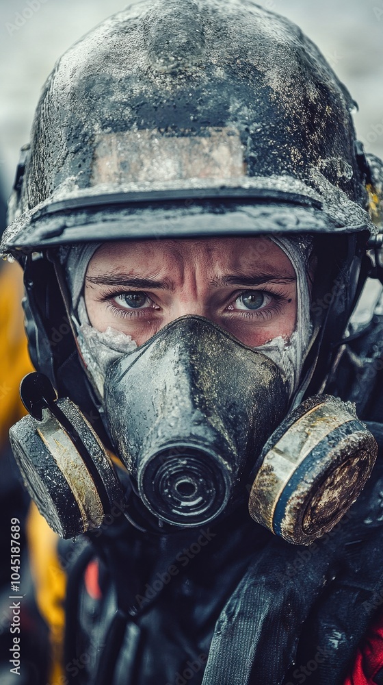 Fototapeta premium A weary but determined frontline worker wears protective gear after a tough shift