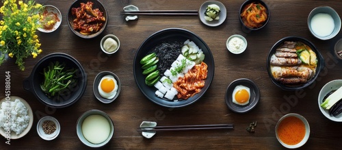 A table setting with a variety of Korean dishes, including bibimbap, kimchi, and grilled meat.