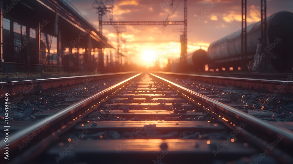 Railway tracks stretching to horizon, low angle, industrial warehouses on sides, dramatic sunset sky, golden light, lens flare, vanishing point perspective Railway tracks stretching to horizon, low angle, industrial warehouses on sides, dramatic sunset sky, golden light, lens flare, vanishing point perspective