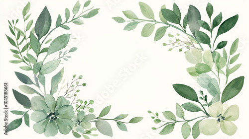 Beautiful watercolor floral arrangement featuring green leaves and soft blooms, perfect for invitations or decor. serene design adds touch of elegance and nature