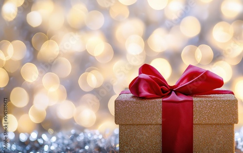Wallpaper Mural A beautifully wrapped gift with a shiny red ribbon, set against a background of twinkling lights.  Torontodigital.ca