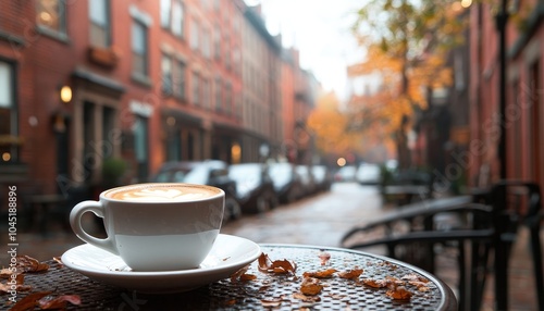 A cozy cup of coffee on a cafe table in a bustling street with autumn leaves photo