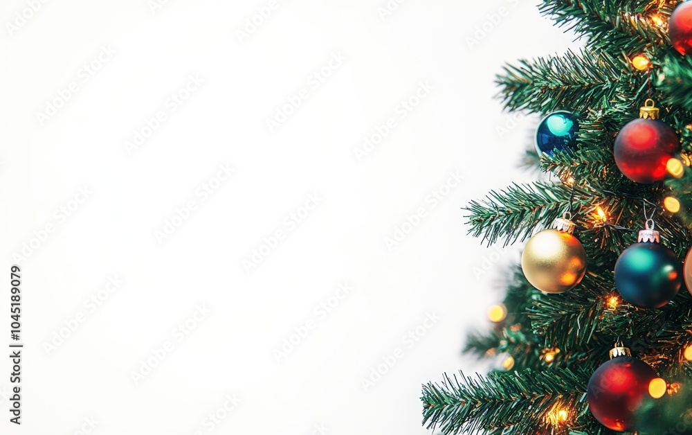 A close-up of a Christmas tree with colorful baubles and fairy lights. A close-up of a Christmas tree with colorful baubles and fairy lights.