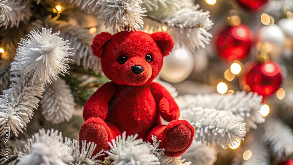 Extreme close-up red bear toy on white and black Christmas tree background Extreme close-up red bear toy on white and black Christmas tree background