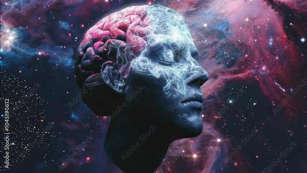 Woman's face is shown in a space background with a brain and a heart. The brain is pink and the heart is red. Concept of mystery and wonder, as if the woman is a symbol of the unknown Woman's face is shown in a space background with a brain and a heart. The brain is pink and the heart is red. Concept of mystery and wonder, as if the woman is a symbol of the unknown