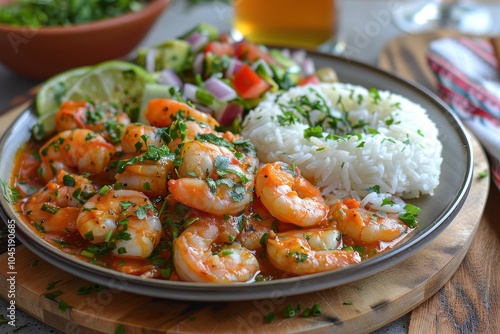 A plate of camarones a la diabla, spicy shrimp cooked in a rich red sauce, served with white rice and a side salad.