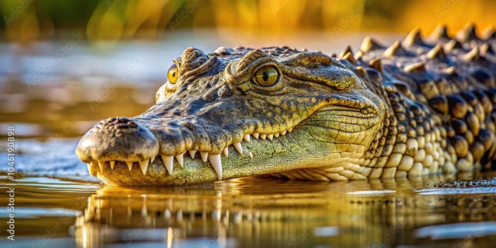 Fototapeta premium Extreme close-up shot of crocodile entering water in savannah lake