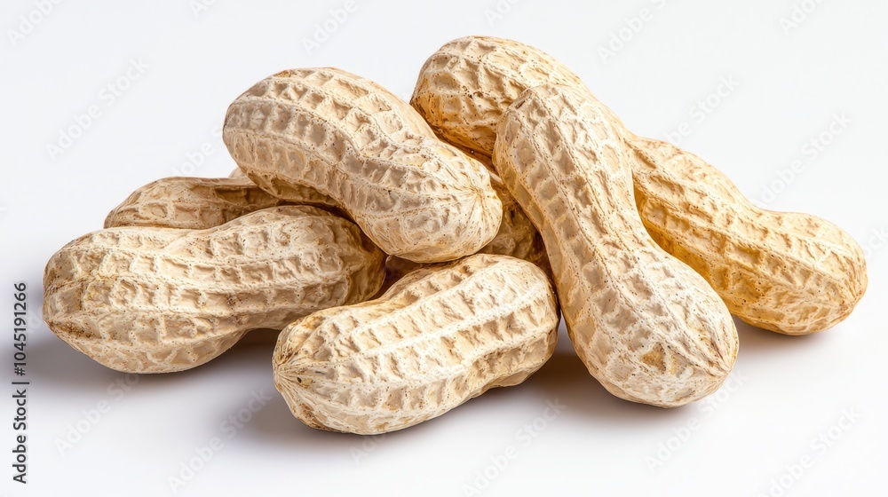 A group of five unshelled peanuts arranged on a white background. A group of five unshelled peanuts arranged on a white background.