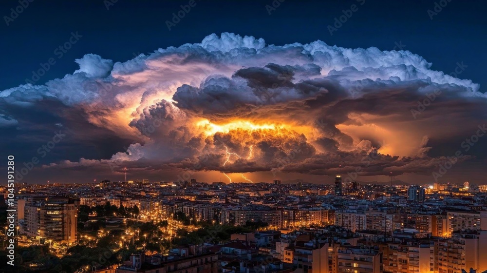 Obraz premium A dramatic thunderstorm rages over a cityscape at night, with lightning illuminating the sky.