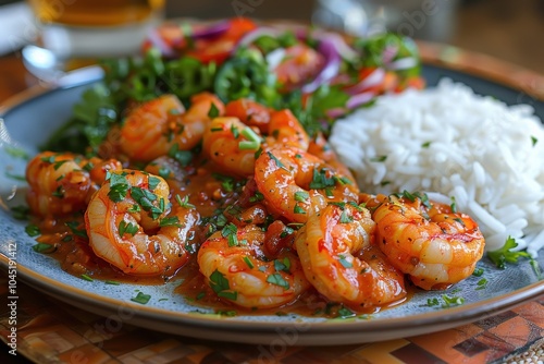 A plate of camarones a la diabla, spicy shrimp cooked in a rich red sauce, served with white rice and a side salad.