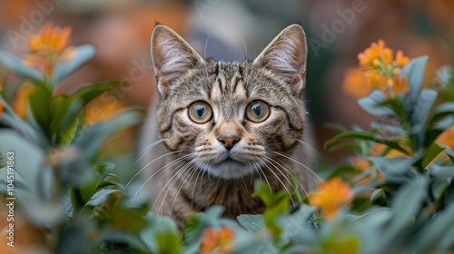 Cats playing in a garden, exploring and interacting with plants. Highlighting outdoor activity and exploration, ideal for pet outdoor products and garden scenes.