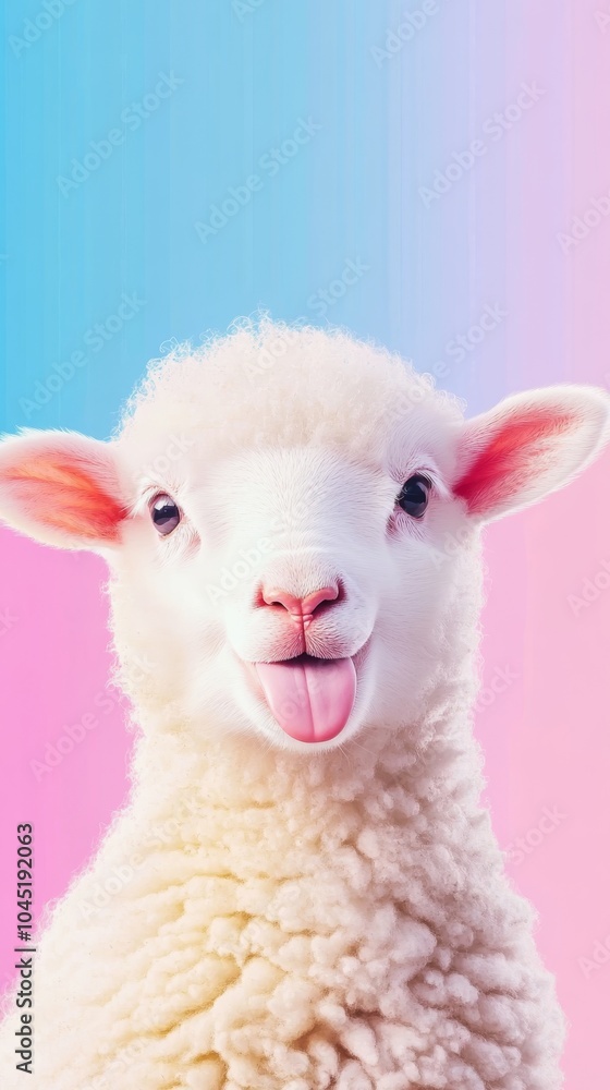 Fototapeta premium Cute Fluffy Baby Sheep Sticking Out Tongue on Minimalist Background - Playful Animal Illustration with Clean Design