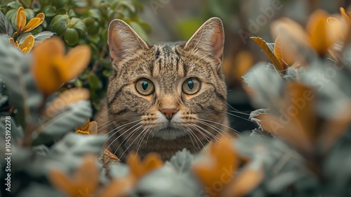 Cats playing in a garden, exploring and interacting with plants. Highlighting outdoor activity and exploration, ideal for pet outdoor products and garden scenes.