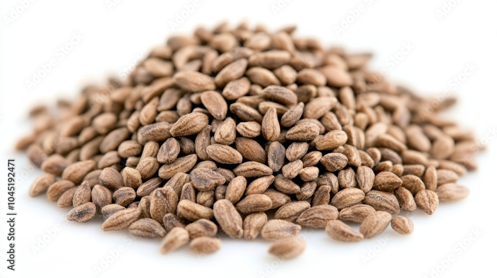 A pile of small, brown seeds on a white background. A pile of small, brown seeds on a white background.