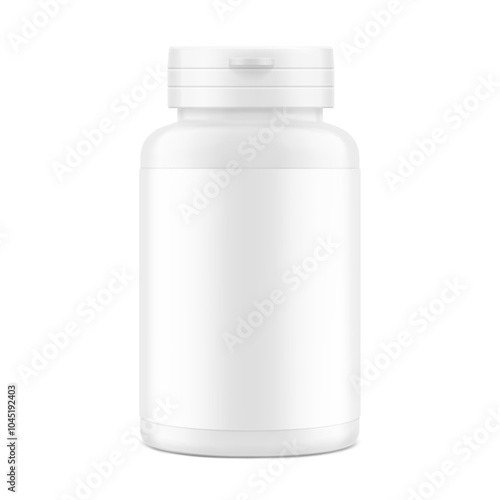 White plastic bottle container with snap-hinge cap. Vector illustration isolated on white background. Front view. Mockup perfect show your product with tamper evident push-on hinged cap. EPS10.