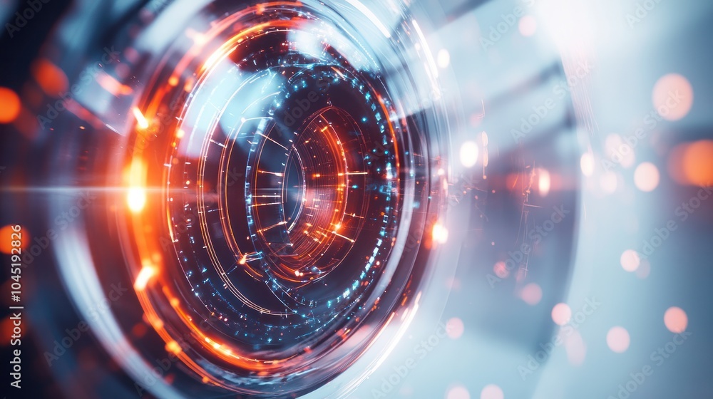 Obraz premium close-up view of a quantum x-ray sensor, surrounded by abstract digital patterns and light effects,