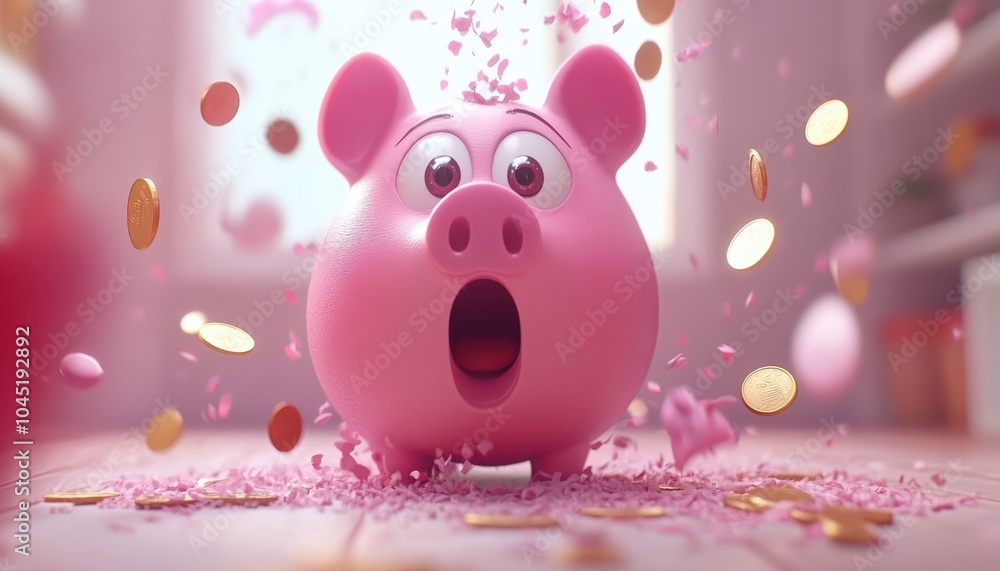 Surprised pink piggy bank with coins and confetti in a bright room setting Surprised pink piggy bank with coins and confetti in a bright room setting