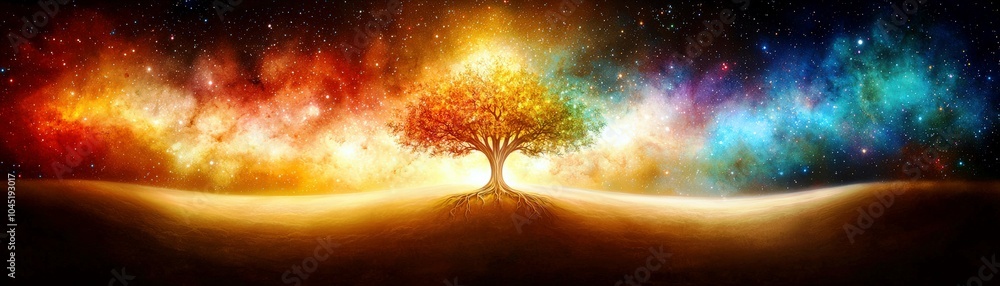 Colorful Tree Against Starry Sky Background Colorful Tree Against Starry Sky Background