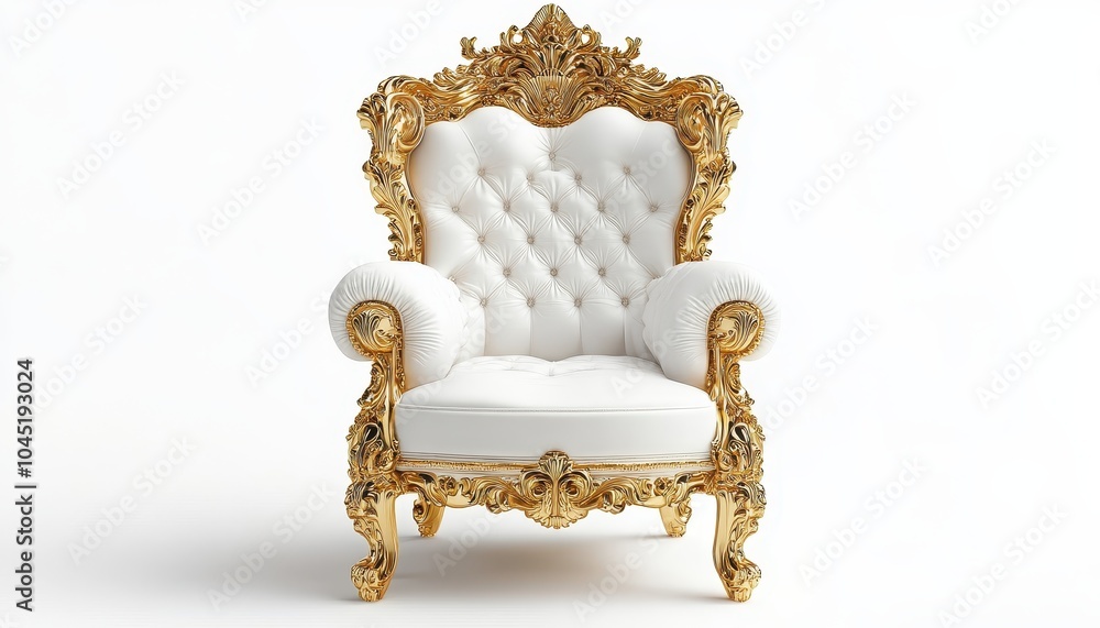 Elegant gold-trimmed throne with white upholstery against a clean, bright background Elegant gold-trimmed throne with white upholstery against a clean, bright background