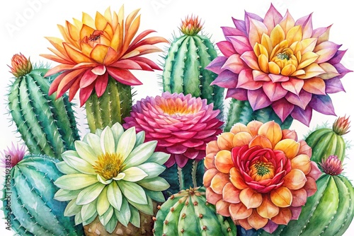 Fototapeta Naklejka Na Ścianę i Meble -  Extreme close-up watercolor illustration of tropical cactus and dahlia flowers on white background