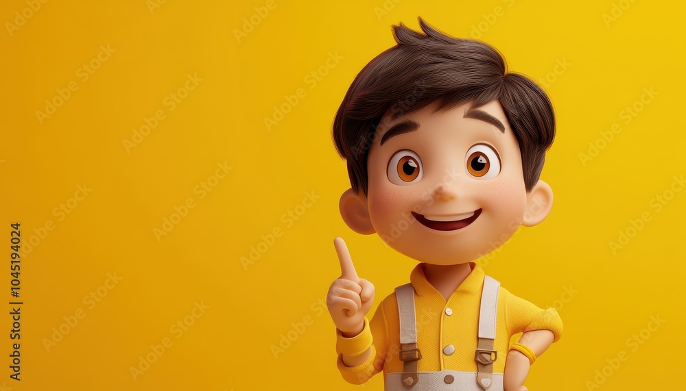 Kawaii cartoon of a smiling boy pointing with joy against a bright yellow background Kawaii cartoon of a smiling boy pointing with joy against a bright yellow background