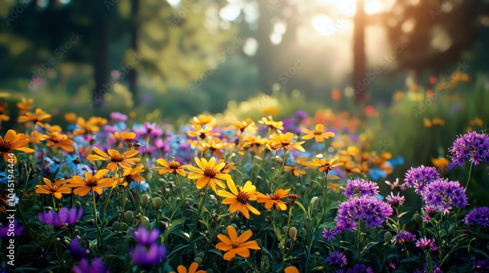Obraz premium Delicate Wildflowers in a Serene Field at Sunrise