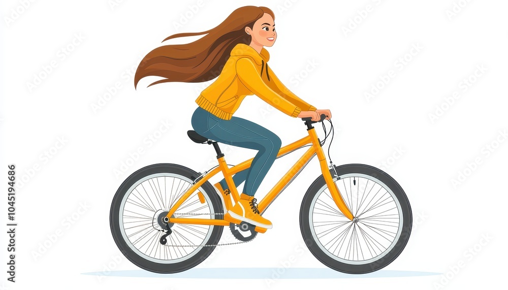 Obraz premium A girl enjoys riding a bicycle in a flat, minimalistic, and isolated setting
