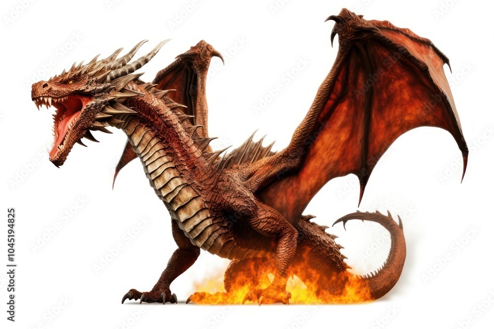 Fire breathing dragon dinosaur animal white background.