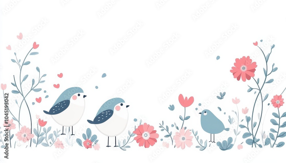 Colorful birds and flowers in a flat geometric style on a bright spring day Colorful birds and flowers in a flat geometric style on a bright spring day