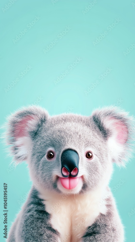 Adorable Minimalist Fluffy Baby Koala Portrait with Tongue Out on Solid Color Background Adorable Minimalist Fluffy Baby Koala Portrait with Tongue Out on Solid Color Background