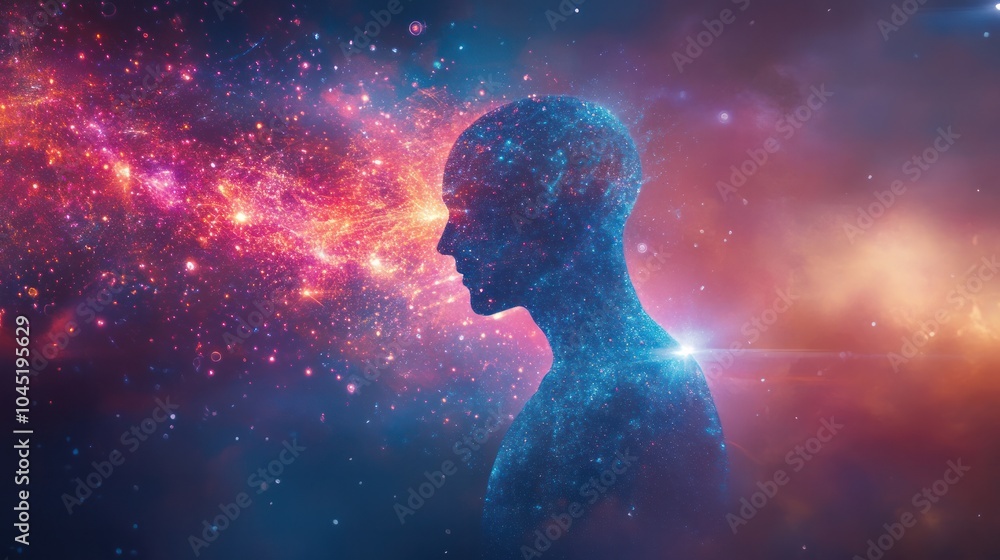 Obraz premium Abstract representation of human anatomy with glowing quantum particles connected by energy lines in a white,