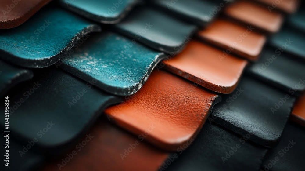 Fototapeta premium Close-up of colorful ceramic roof tiles in a repeating pattern.