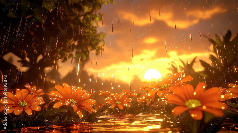 Stunning Sunset Over Flower Field with Gentle Rain Stunning Sunset Over Flower Field with Gentle Rain