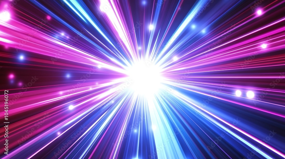 A bright white light explodes outward with pink and blue rays against a black background. A bright white light explodes outward with pink and blue rays against a black background.