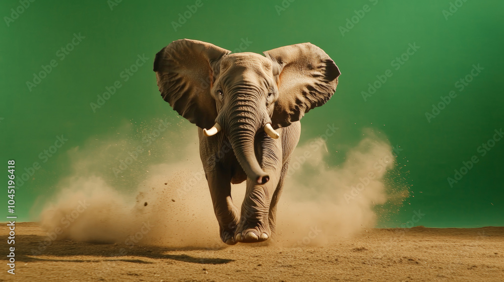 Fototapeta premium A powerful elephant running with its trunk raised and ears flared, dust kicking up from its large feet, on a solid chroma key green background, dynamic action pose