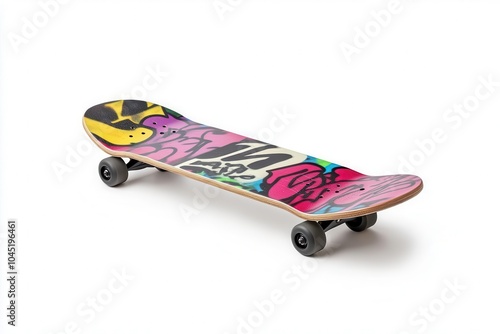 Colorful skateboard with graffiti design on a white isolated background. photo