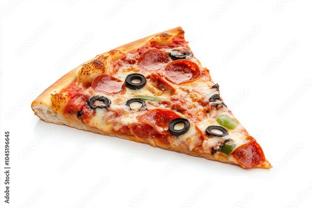 Delicious slice of pizza with pepperoni, olives, and green peppers on a white background. Delicious slice of pizza with pepperoni, olives, and green peppers on a white background.