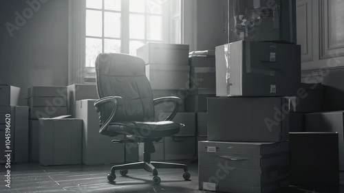 Black office chair sits in front of a pile of boxes. The chair is empty and the boxes are stacked on top of each other. The scene gives off a feeling of disorganization and clutter