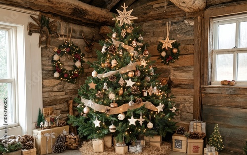Rustic Woodland Charm: A Christmas tree decorated in a natural, woodland theme with wooden ornaments, pinecones, and burlap ribbons.
