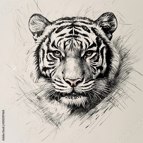 A close-up drawing of a white tiger's face.