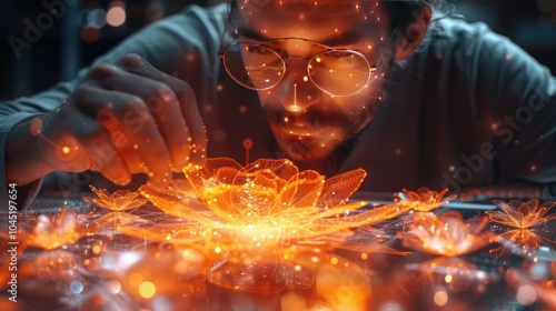 Male designer creating digital 3D holographic flower using AI technology at futuristic office desk.