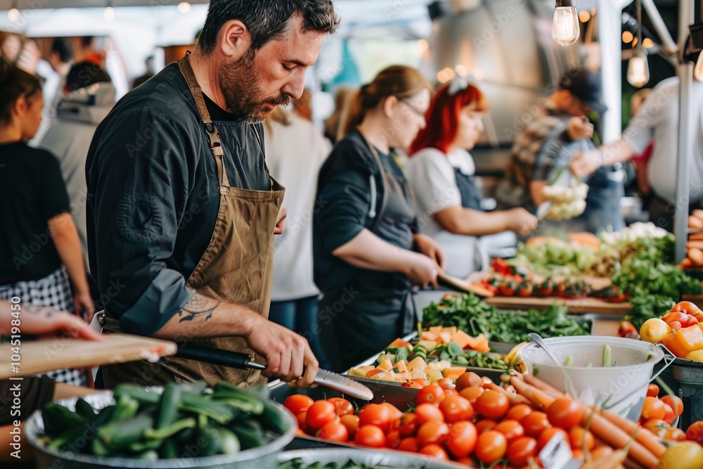 A vibrant outdoor farmer's market showcases a chef skillfully chopping fresh tomatoes amid colorful produce. Customers and vendors interact, highlighting a lively community spirit. A vibrant outdoor farmer's market showcases a chef skillfully chopping fresh tomatoes amid colorful produce. Customers and vendors interact, highlighting a lively community spirit.