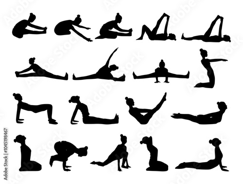 Silhouetted yoga poses showcasing flexibility, balance, wellness, stretching exercises for body, mind, and fitness routine.