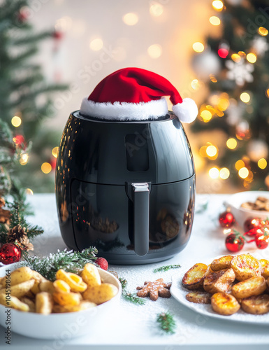 A large, matte black air fryer wearing a tilted Santa hat, centered on the cover. Around it, a few Christmas holiday dishes